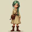 © El Casteleiro - A charming young girl with green braided hair, wearing a tan dress, boots, and a satchel, embodying a cute cartoon adventure style perfect for fantasy or creative projects