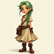 © El Casteleiro - A charming young girl with green braided hair, wearing a tan dress, boots, and a satchel, embodying a cute cartoon adventure style perfect for fantasy or creative projects