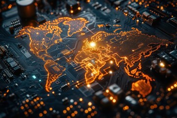 Wall Mural - glowing digital world map on circuit board representing global connectivity and advanced technology