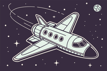 Wall Mural - Spaceship traveling through outer space with stars and a distant moon illuminating the night sky
