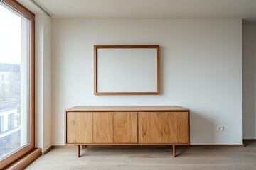 Poster - Modern Wooden Cabinet, Empty Frame, City View, Empty Room