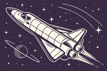 Wall Mural - Spaceship traveling through outer space with stars and a distant moon illuminating the night sky