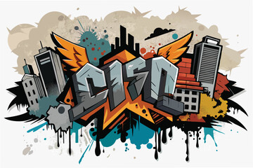 Poster - Creative basketball-themed graffiti art featuring vibrant colors and urban elements set against a city skyline backdrop