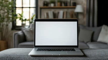 Wall Mural - sleek modern laptop with blank screen on minimalist work desk in a cozy home office setting with sof