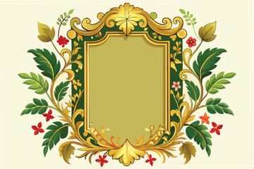 Aufkleber - Decorative golden frame with intricate floral designs and green leaves for artistic presentations and elegant invitations
