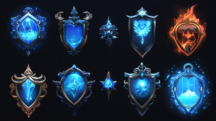 Wall Mural - game gold award badges with decorative frames.vector cartoon icons set of glossy emblems with fantas