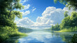 © Sehraye - Cartoon nature landscape, summer background with trees, bushes and river, lake or pond, green grass and blue sky with fluffy clouds. Cross section ground view, parallax game scene, Vector