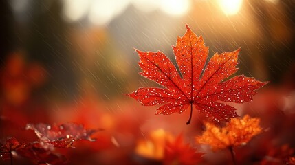 Canvas Print - Autumn Maple Leaf in Rain, Mountain Background