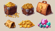 © Sehraye - Pirate treasure icons with gold coins, bag and wooden chest. Game assets with money piles, ancient wood trunk with golden coins, gems and crowns, vector cartoon set