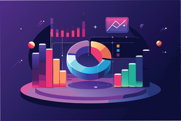 Leinwandbilder - Colorful data visualization with pie and bar charts representing analytics on a purple background with floating elements