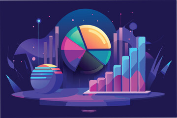 Leinwandbilder - Colorful data visualization with pie and bar charts representing analytics on a purple background with floating elements