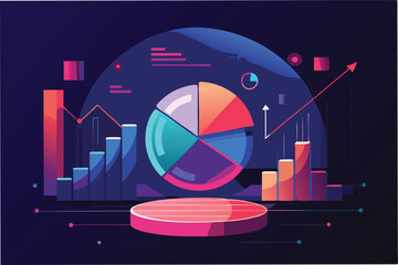 Poster - Colorful data visualization with pie and bar charts representing analytics on a purple background with floating elements