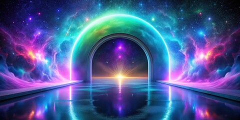 Wall Mural - a futuristic portal to a vibrant cosmic landscape with glowing neon lights and a reflective surface
