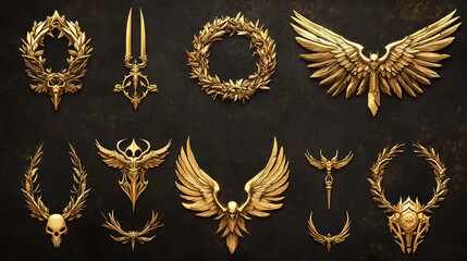 Game level golden ui icons, buttons, empty badges or banners with green glossy plank, gold wings, laurel wreath or spider legs decor. Isolated award or bonus frames, Vector graphic elements for rpg