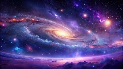 Wall Mural - a celestial tapestry whimsical spiral galaxy and a dreamlike planet with purple hues and starry nigh
