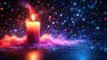 Sticker - Burning candle, vibrant colors, magical dust, dark background