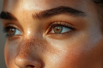 Poster - Close up of a womans face demonstrating contrast between aged and youthful skin in a clinical setting. Generative AI