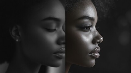 Aufkleber - Mood transformation displayed through grayscale and vibrant expressions in a split view portrait. Generative AI
