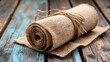 © Artem - Rustic burlap roll on weathered wood background