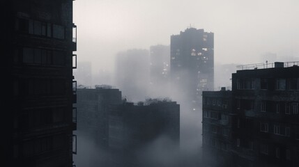 Poster - Heavy gray smog envelops cityscape with building silhouettes fading into haze under a cloudy sky. Generative AI