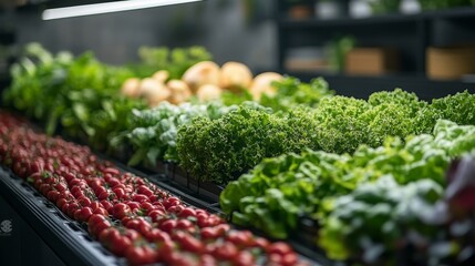 Fresh Produce Display: A Vibrant Array of Tomatoes, Lettuce, and Onions Arranged Under Soft Lighting in a Grocery Store's Refrigerated Section