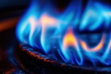 Leinwandbilder - Bright blue gas flame emanating from a stove burner creating an intense glow in a dark kitchen environment. Generative AI