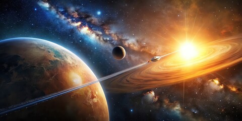 Wall Mural - a spacecraft journeys past a vibrant ringed planet, a celestial body bathed in the golden glow of a 