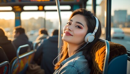 Wall Mural - Young woman in headphones listening to music on the bus. Bus travel concept.