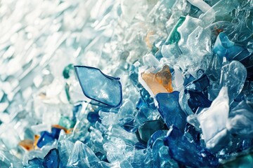 Aufkleber - Close up view of colorful plastic fragments in ocean waves highlighting marine pollution in coastal waters. Generative AI