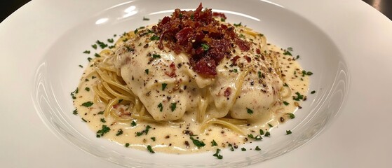 Wall Mural - Traditional Italian Carbonara with Creamy Egg Sauce and Crispy Bacon Garnish