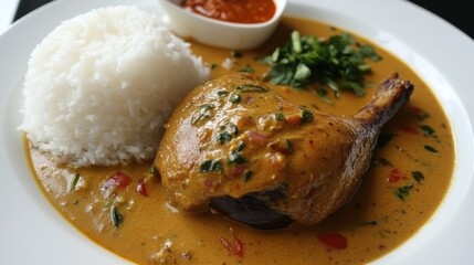 Wall Mural - Exquisite Thai Style Roasted Duck Curry with Fragrant Jasmine Rice and Fresh Herbs