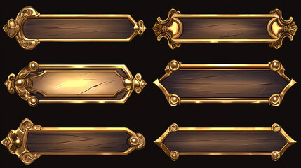 Wall Mural - medieval buttons, ui game menu elements, gold oblong banners with decorated ornate rims. empty royal