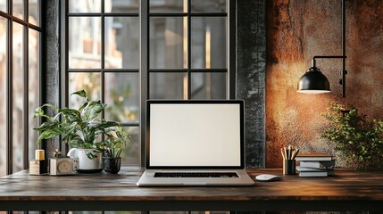 Wall Mural - modern office workspace with minimalist desk, laptop with blank screen, and stylish interior design 