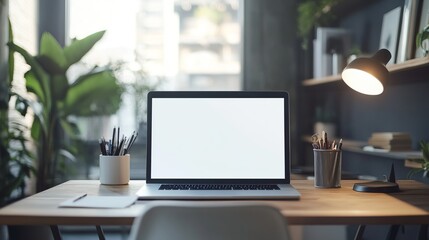 Wall Mural - modern office workspace with minimalist desk, laptop with blank screen, and stylish interior design 