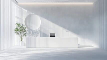 Wall Mural - modern white office workspace with laptop computer mockup on a minimalist desk, featuring clean aest