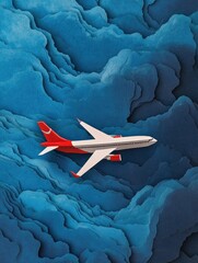 Aufkleber - Airplane flying above textured blue clouds showcasing dynamic contrasts and artistic design during daytime. Generative AI