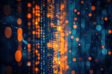 Abstract binary code streams in vibrant orange and blue. Ideal for tech, data, and digital concepts, represents innovation and progress.