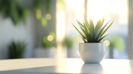 Wall Mural - modern minimalist workspace with open laptop and small green plant on white desk against a soft blur
