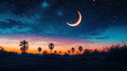 Poster - Crescent Moon Desert Sunset Starry Night