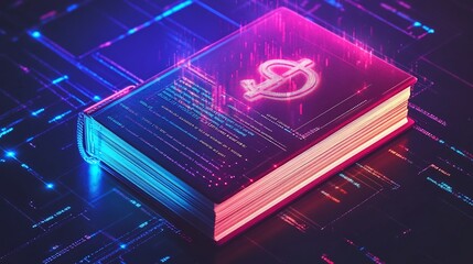 A book glows with digital elements and a dollar sign, representing financial technology and information security