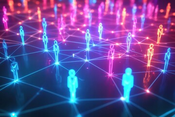 Leinwandbilder - Vibrant social media network visualized with colorful 3D avatars connected by dynamic energy lines. Generative AI