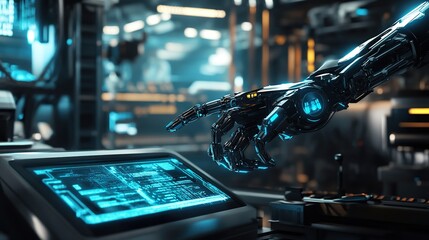 Futuristic robot hand interacts with console