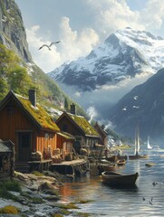 Poster - Scenic fjord with quaint wooden cabins and sailboats under a majestic mountain backdrop during a sunny day. Generative AI