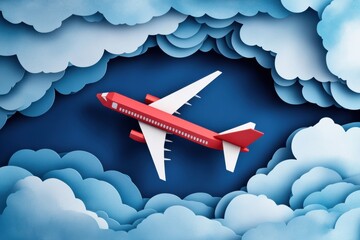 Aufkleber - Red airplane flying through layered blue and white paper clouds in a creative artwork representation of flight. Generative AI
