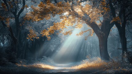 Canvas Print - sunbeams pierce a misty forest path, illuminating golden leaves. perfect for fantasy, fairytale, or 