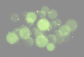 Wall Mural - green bokeh with stars and sparkles, shiny overlay decoration isolated on grey background. vector il