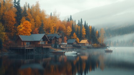 Wall Mural - Serene lakeside cabins surrounded by autumn foliage at dawn in a peaceful wilderness setting. Generative AI