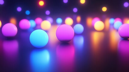 Aufkleber - Vivid neon spheres with blurred bokeh lights on dark background. Futuristic glowing abstract art with vibrant colors. Digital art and modern design concept