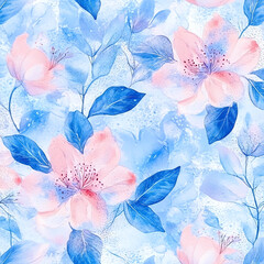 Wall Mural - A blue and pink floral pattern with blue leaves