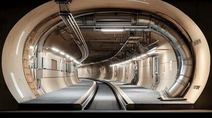 Poster - A detailed and 3D rendered cutaway view showcasing the intricate infrastructure and design elements of a railway tunnel including ventilation systems tracks and emergency safety exits